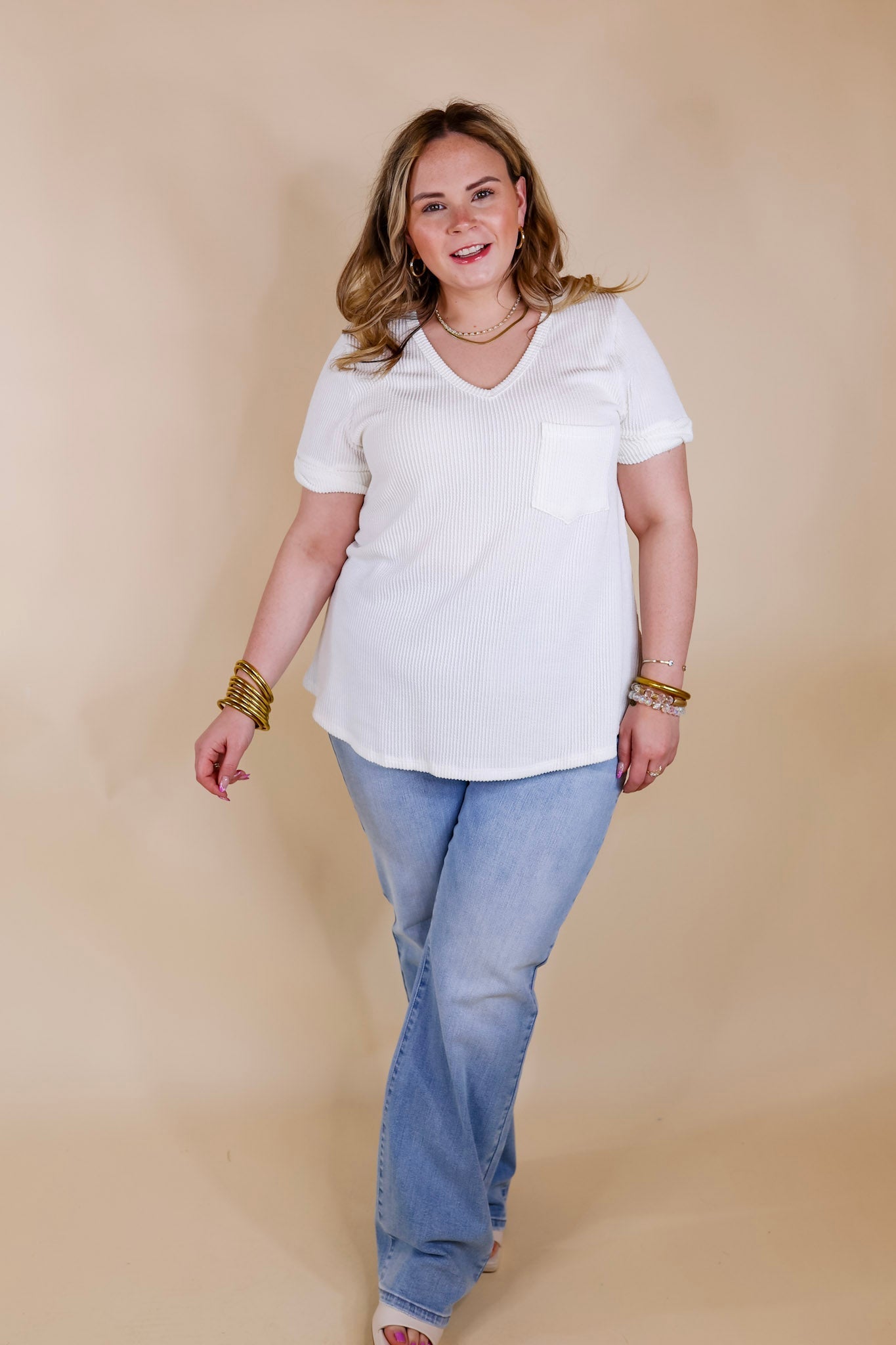 Only True Love Ribbed Short Sleeve Top with Front Pocket in Off White - Giddy Up Glamour Boutique