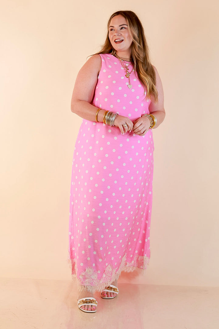 Sweet Little Something Polka Dot Sleeveless Maxi Dress with Lace Trim in Pink
