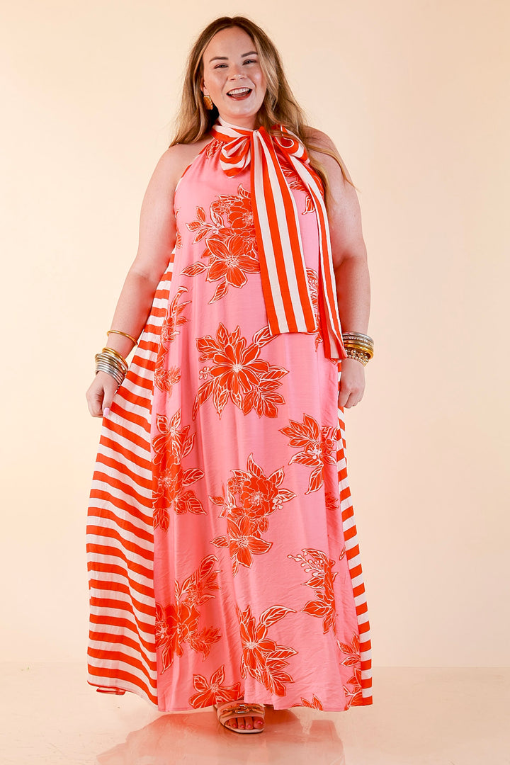 Meet Me in Palm Beach Floral Print Halter Maxi Dress with Adjustable Bow Tie Neck in Pink and Orange