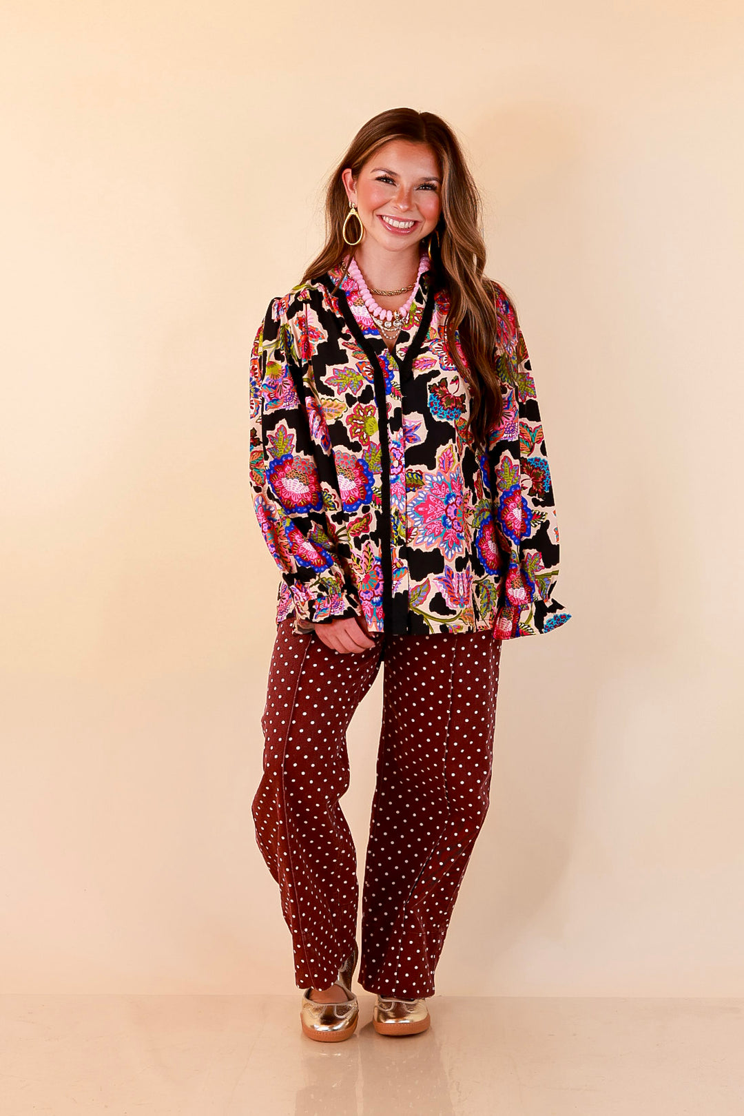 Petal Pop Floral Print Ruffle Front Button Up Long Sleeve Top with Balloon Sleeves in Black