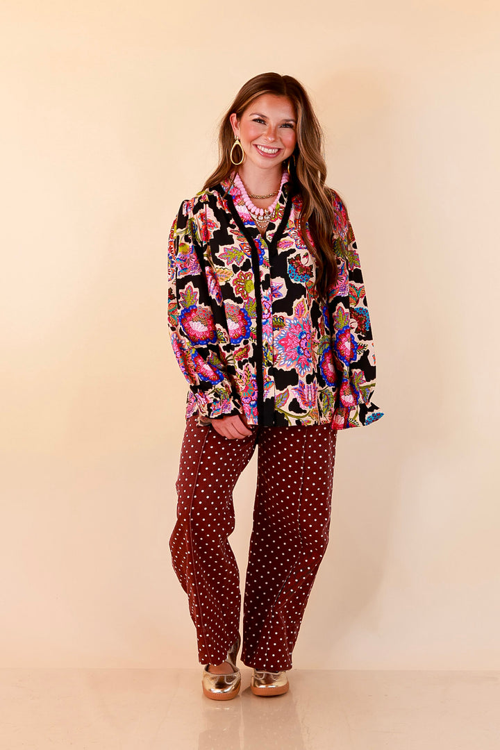 Petal Pop Floral Print Ruffle Front Button Up Long Sleeve Top with Balloon Sleeves in Black