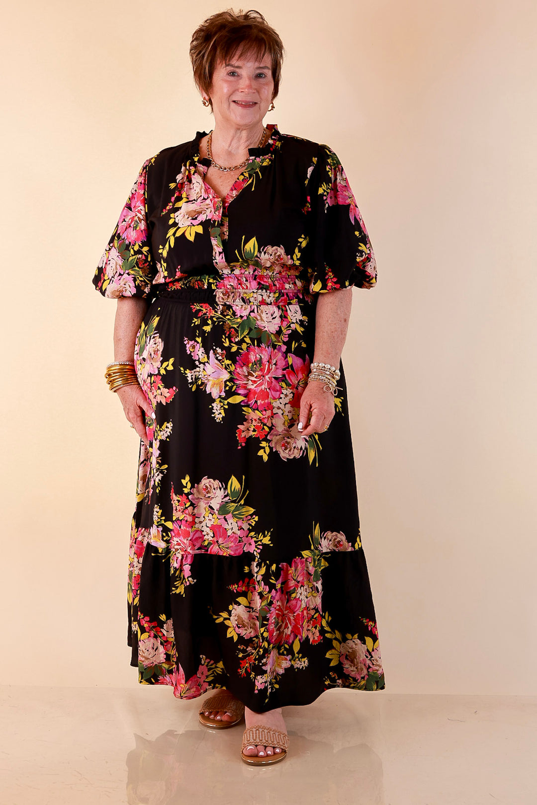 Reserved for Brunch Puff Sleeve Smocked Waist Floral Maxi Dress in Black Multi