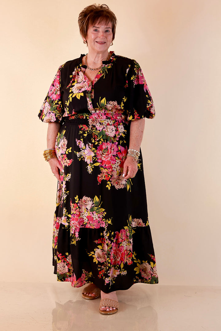 Reserved for Brunch Puff Sleeve Smocked Waist Floral Maxi Dress in Black Multi