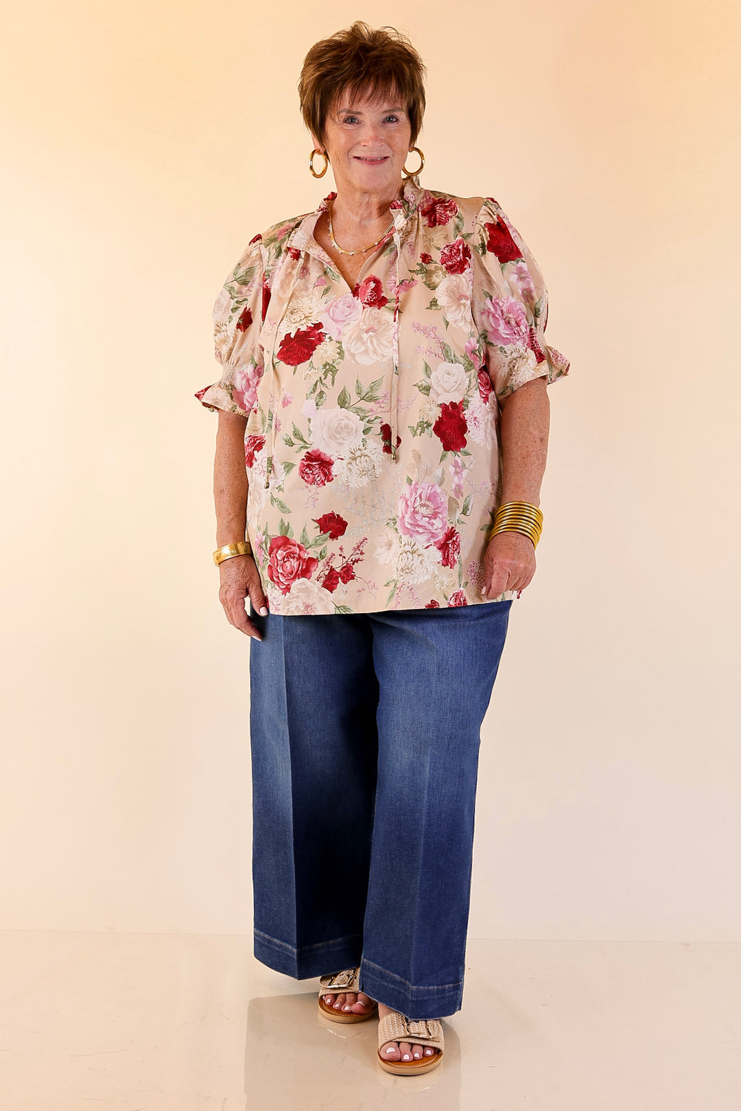 Freshly Picked Floral Print Top with Short Puff Sleeves in Beige