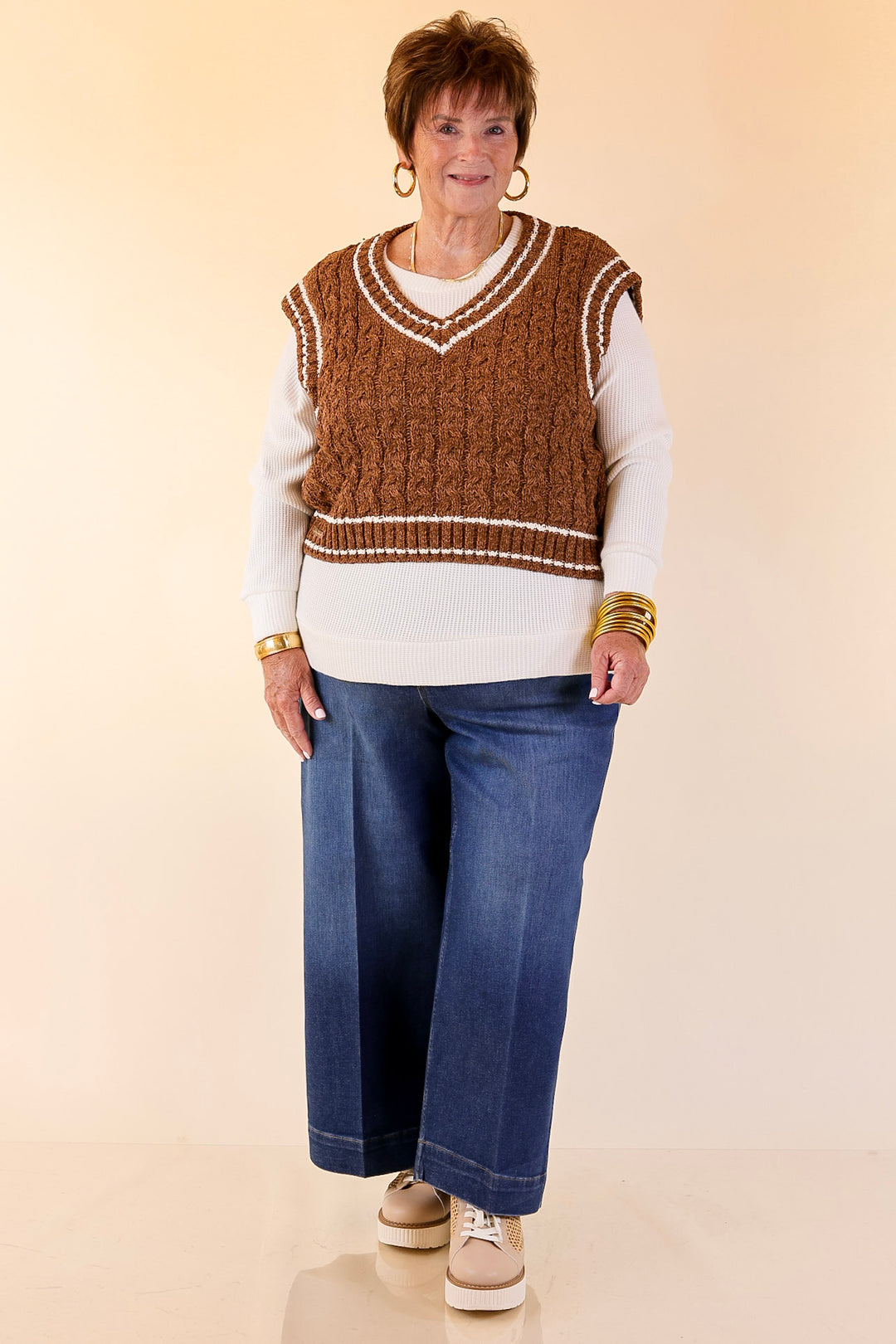 Simply Southern | Bliss Cable Knit Teddy Sweater Vest with V-Neckline and Contrast Trim in Umber Brown