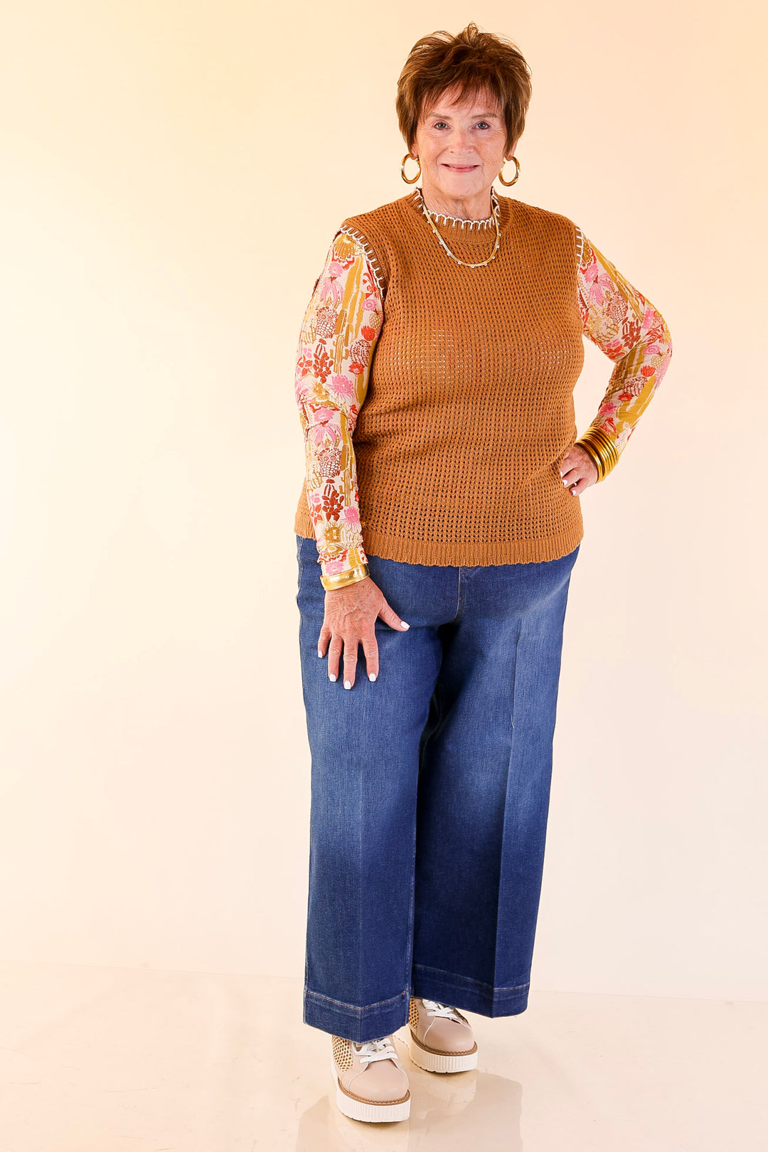 Simply Southern | Olivia Large Knit Sweater Vest with Contrast White Stitching in Tan Brown