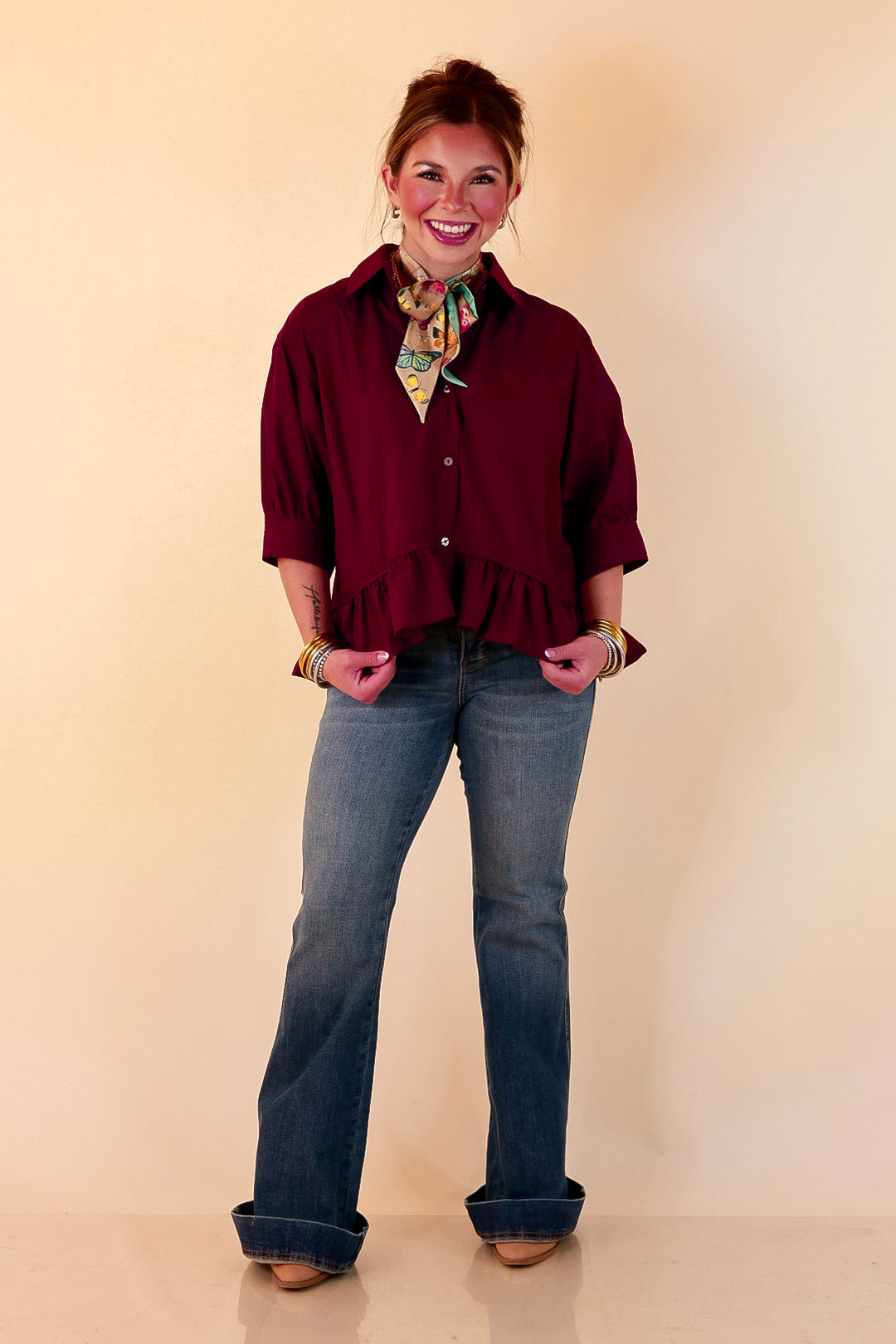 Style Agenda Solid Button Down Peplum Top in Maroon