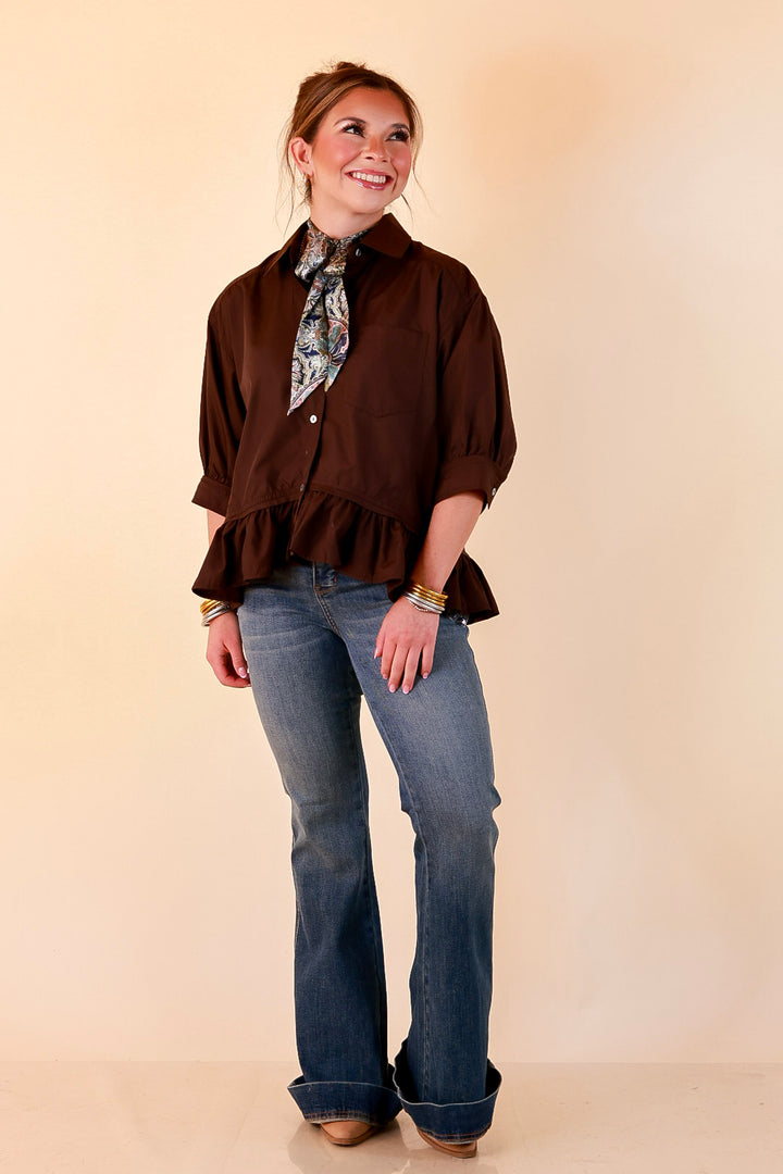 Style Agenda Solid Button Down Peplum Top in Deep Chocolate Brown