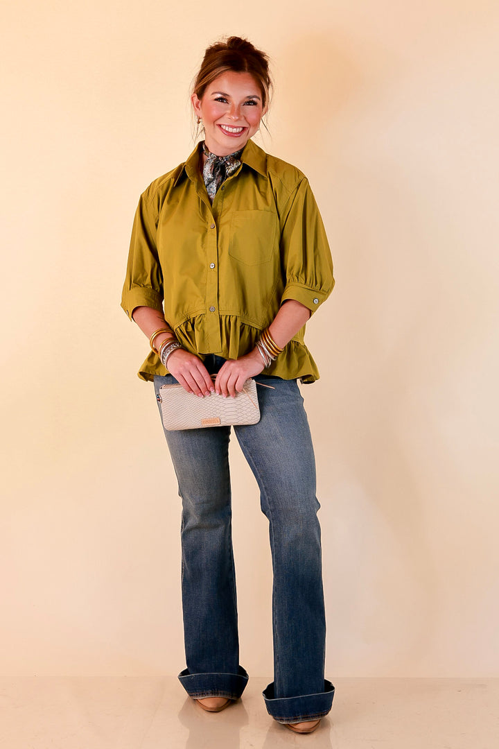 Style Agenda Solid Button Down Peplum Top in Chartreuse Olive Green