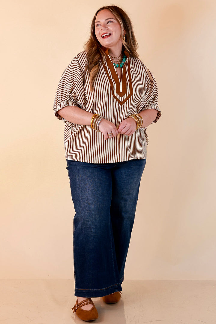 Naturally Stylish Stripe Top with Contrast Stripe Trim and Short Dolman Sleeves in Camel Brown