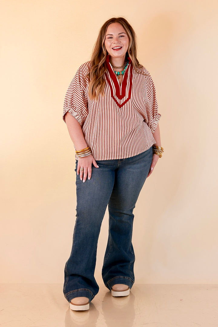 Naturally Stylish Stripe Top with Contrast Stripe Trim and Short Dolman Sleeves in Brick Red