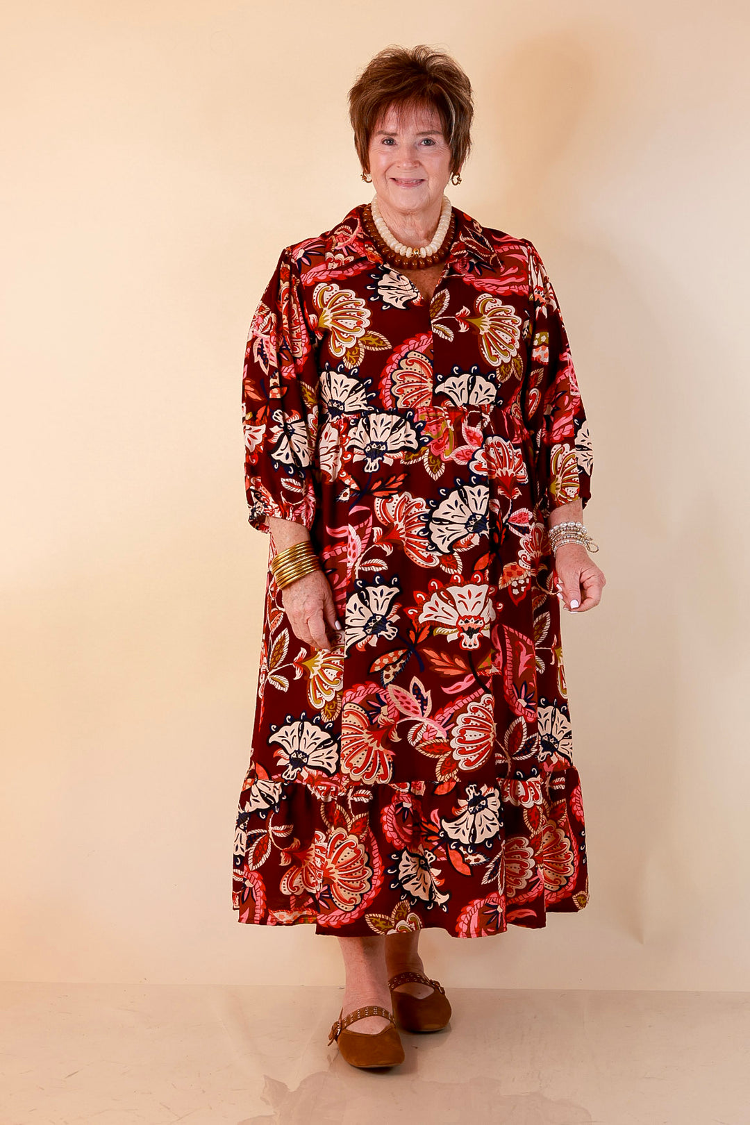 Season of Style Floral Print V Neck 3/4 Sleeve Collared Tiered Midi Dress in Maroon Multi