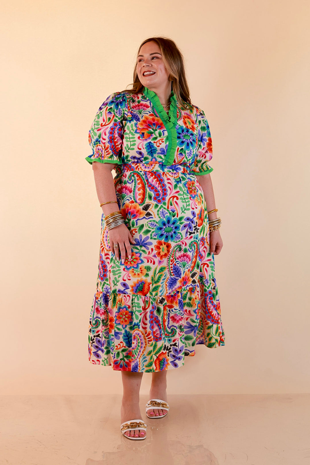 Gracefully Yours Floral and Paisley Print Midi Dress with Contrast Ruffle Trim in Ivory