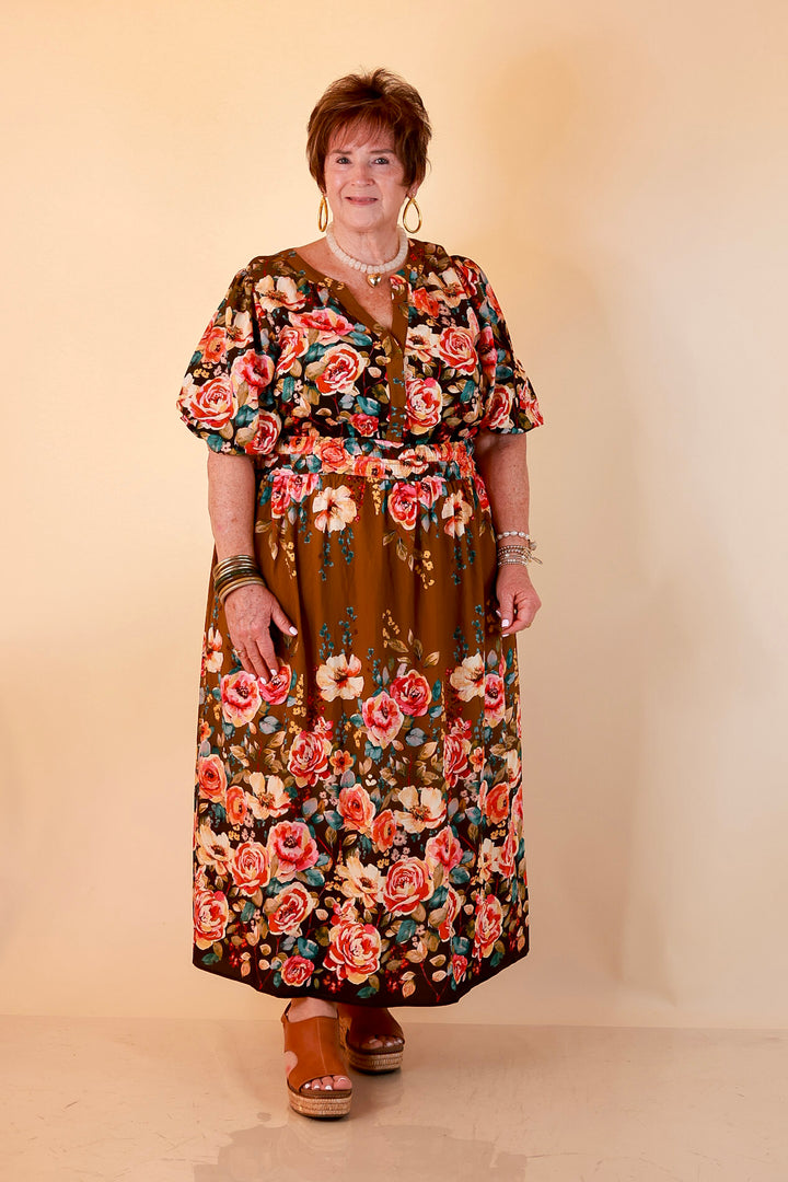 Brunch with the Girls Puff Sleeve Smocked Waist Floral Print Tiered Midi Dress in Chocolate Brown Multi