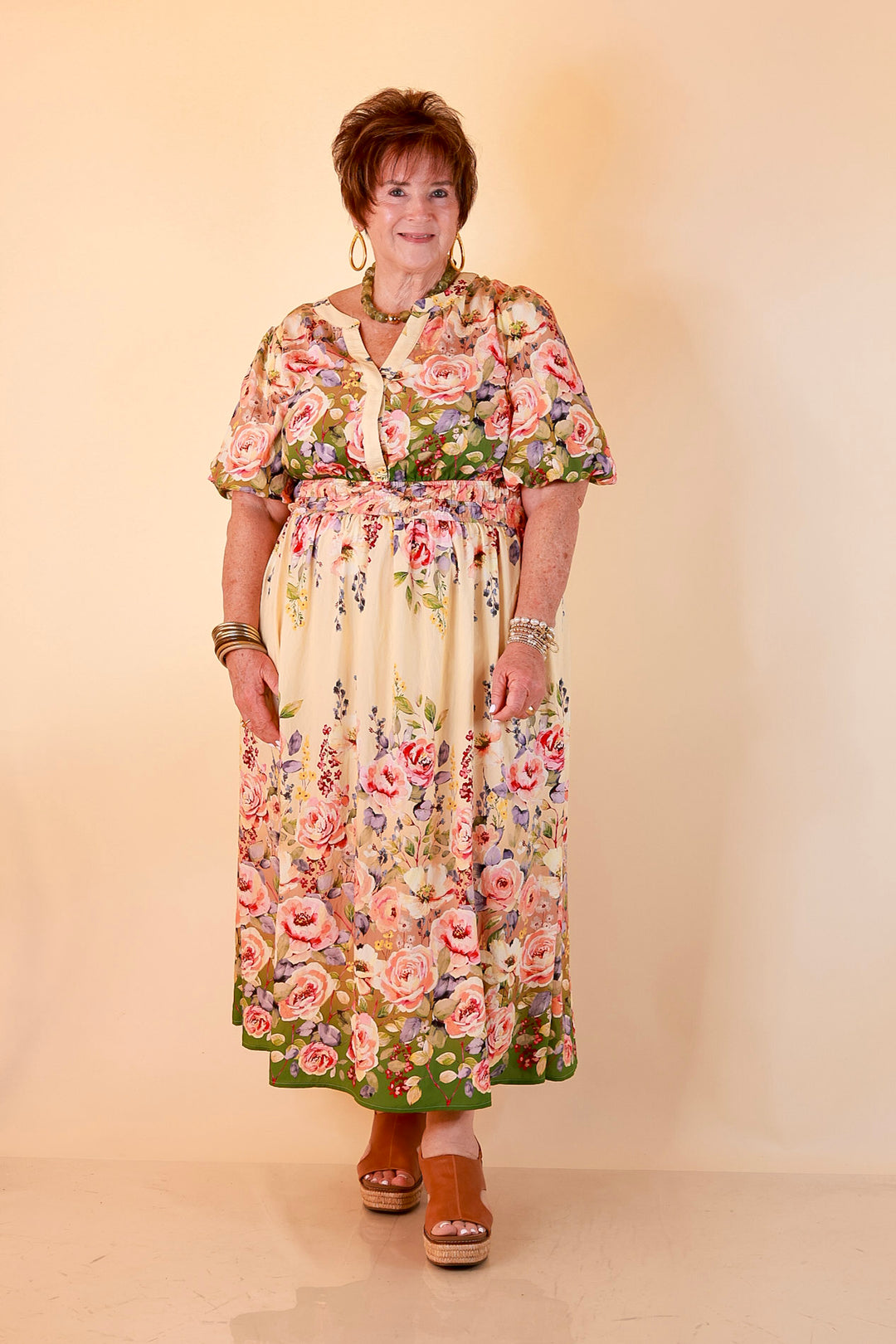 Brunch with the Girls Puff Sleeve Smocked Waist Floral Print Tiered Midi Dress in Ivory and Olive Green Multi