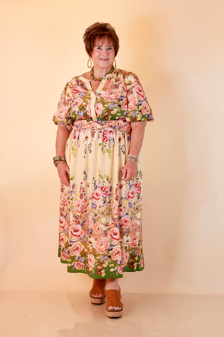 Brunch with the Girls Puff Sleeve Smocked Waist Floral Print Tiered Midi Dress in Ivory and Olive Green Multi