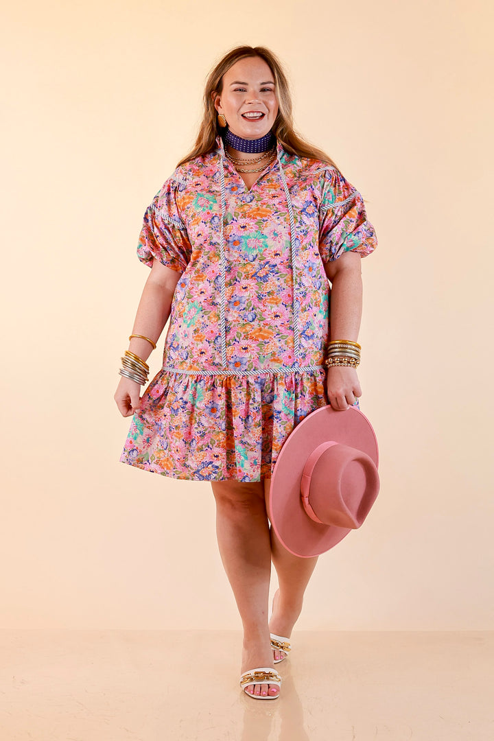 Darling Detail Floral Print Drop Waist Mini Dress with Contrast Trim in Pink Multi