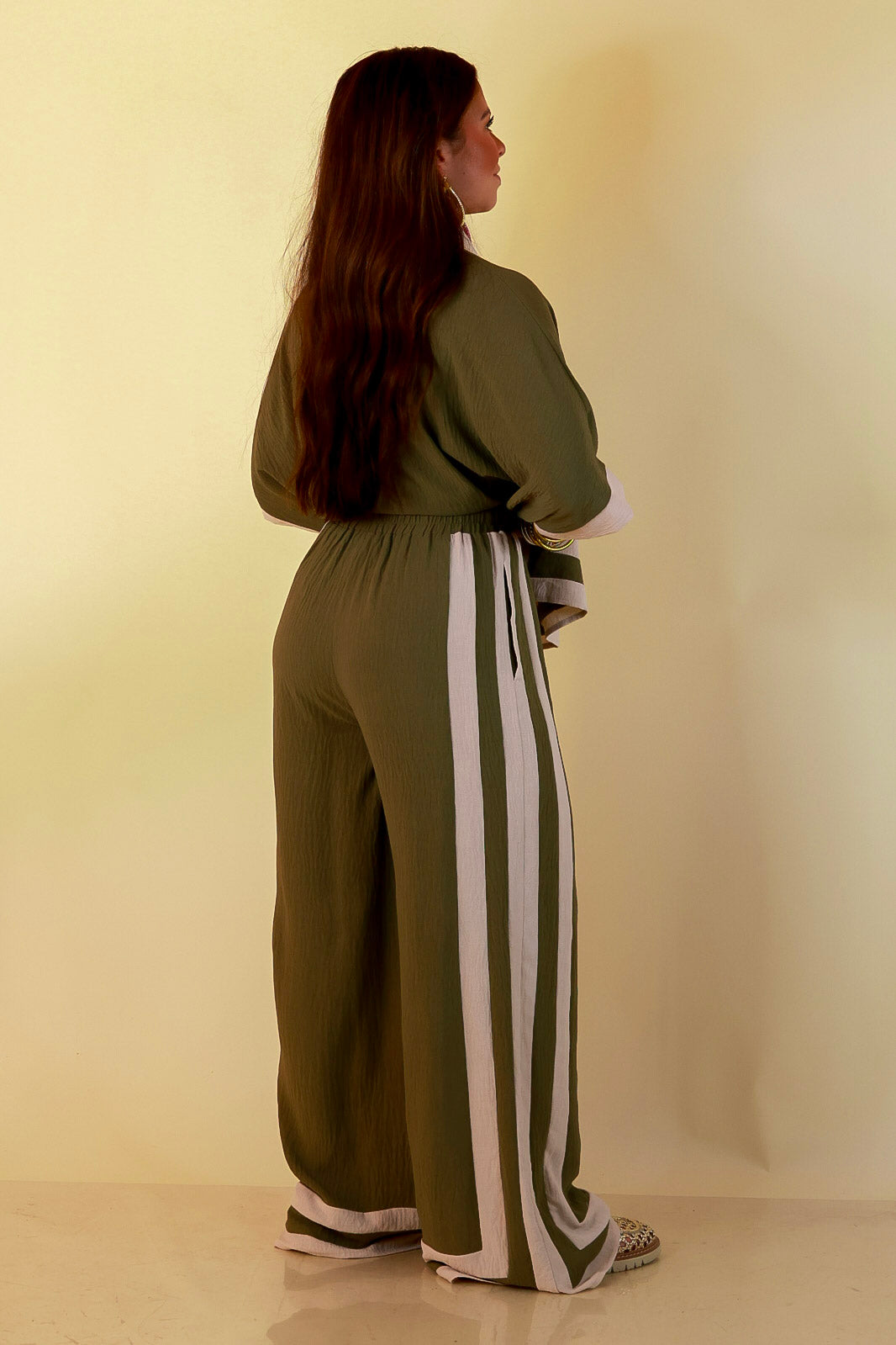 First Class Chic Button Front Collared Top with Matching Wide Leg Pants Set in Olive Green and Ivory