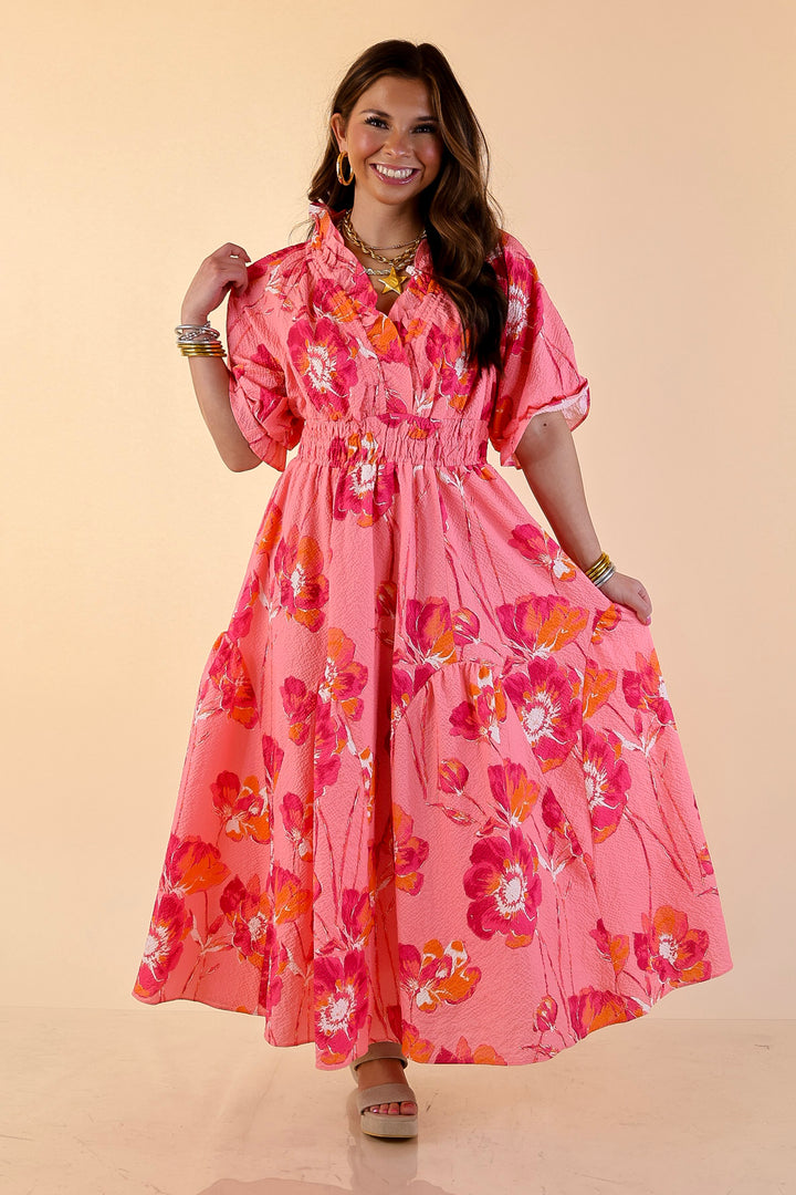 Breezy Belle Floral Print Textured Puff Sleeve Midi Dress with Smocked Waist in Pink Mix