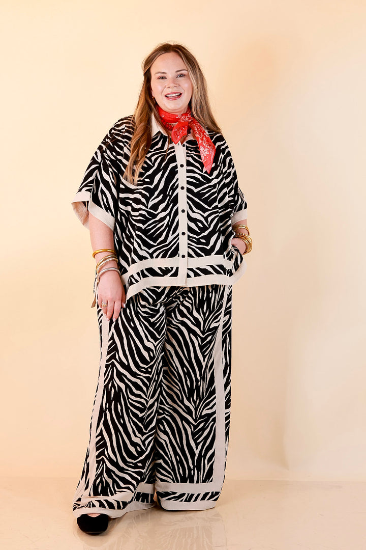 First Class Chic Button Front Collared Top with Matching Wide Leg Pants Set in Black and Ivory Zebra Print