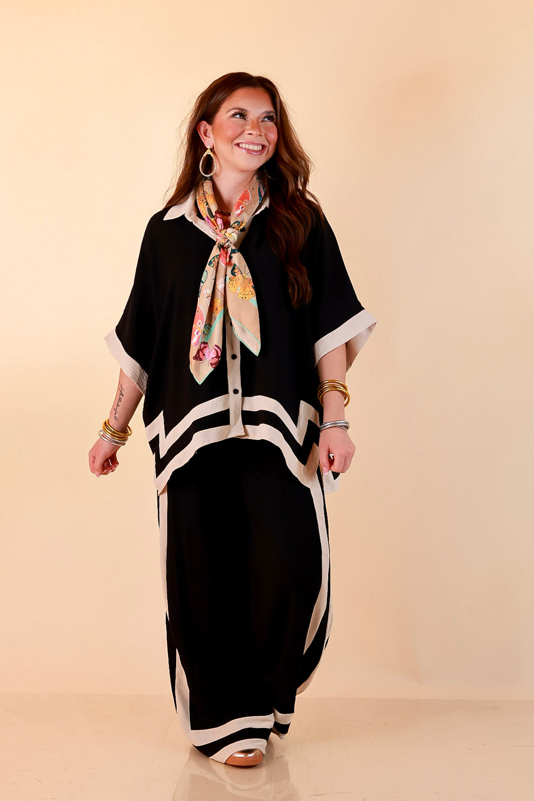 First Class Chic Button Front Collared Top with Matching Wide Leg Pants Set in Black and Ivory