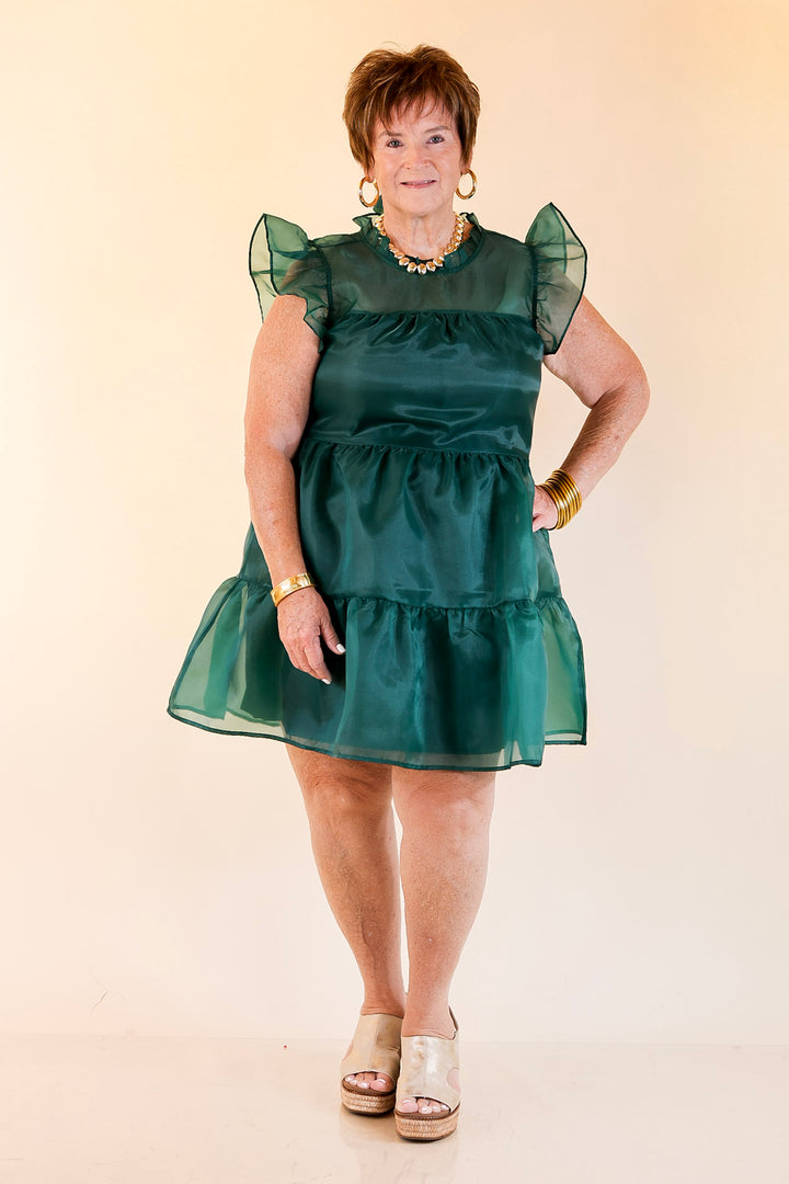 Mud Pie | Jane High Neck Sheer Tulle Ruffle Tiered Dress in Forest Green