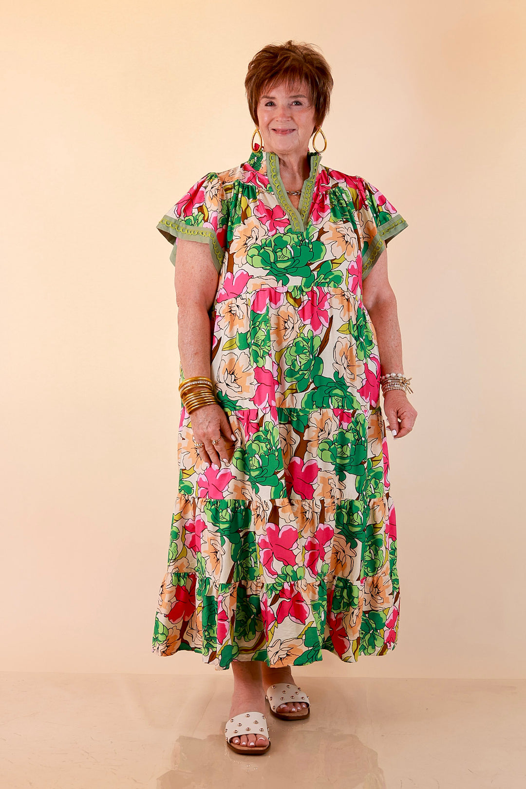 Spring Symphony Floral Print Tiered Midi Dress with Flutter Sleeves in Pink and Green