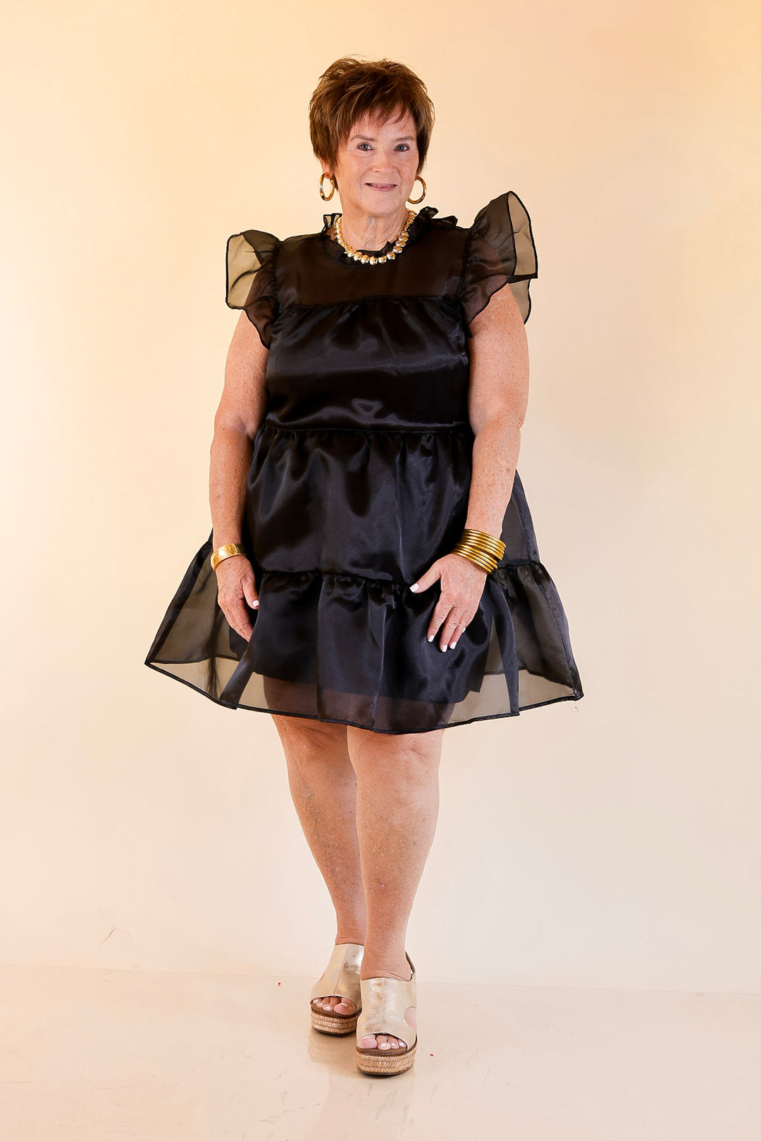 Mud Pie | Jane High Neck Sheer Tulle Ruffle Tiered Dress in Black