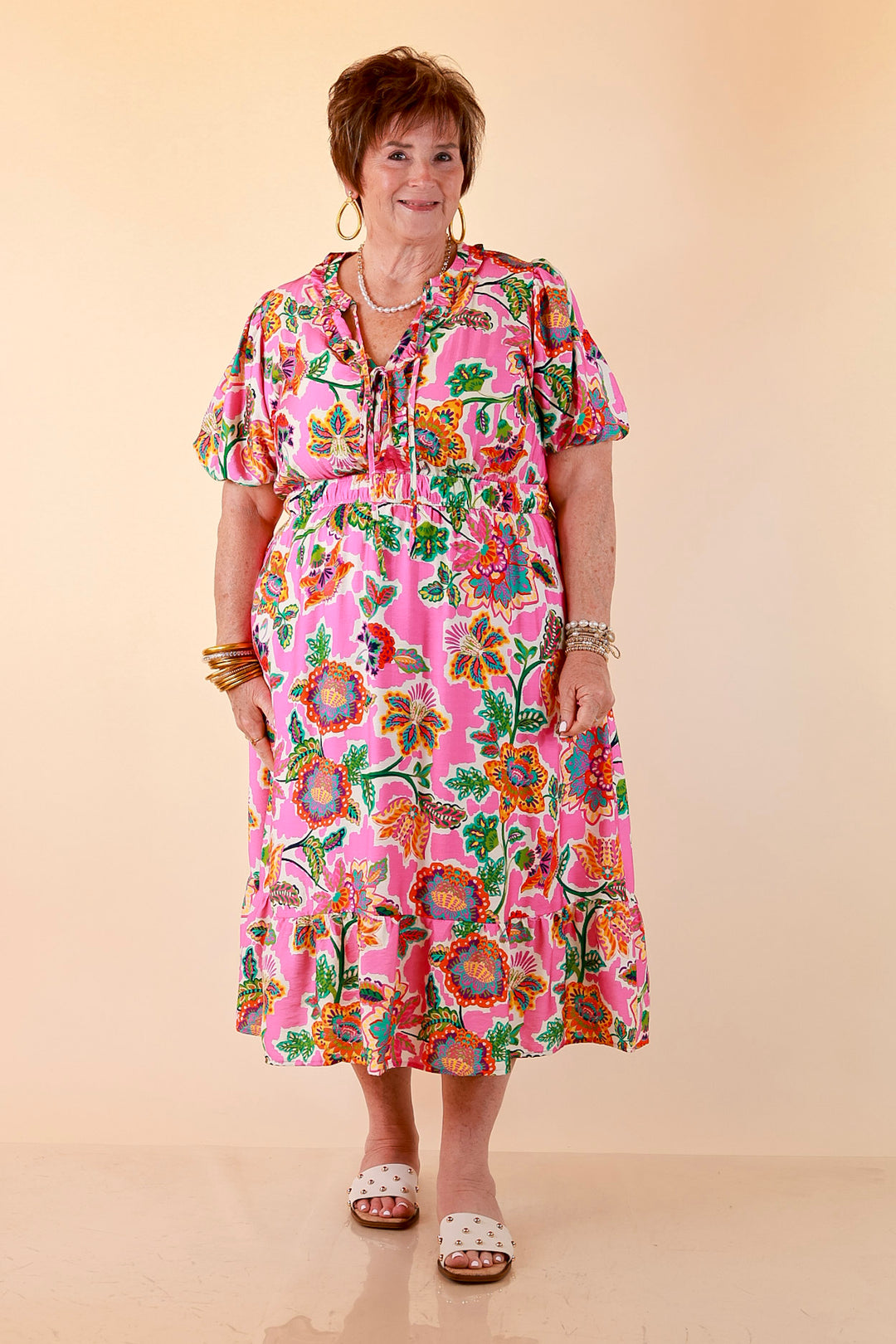 Color Me Happy Floral Print Midi Dress with Tie Neckline and Puff Sleeves in Pink