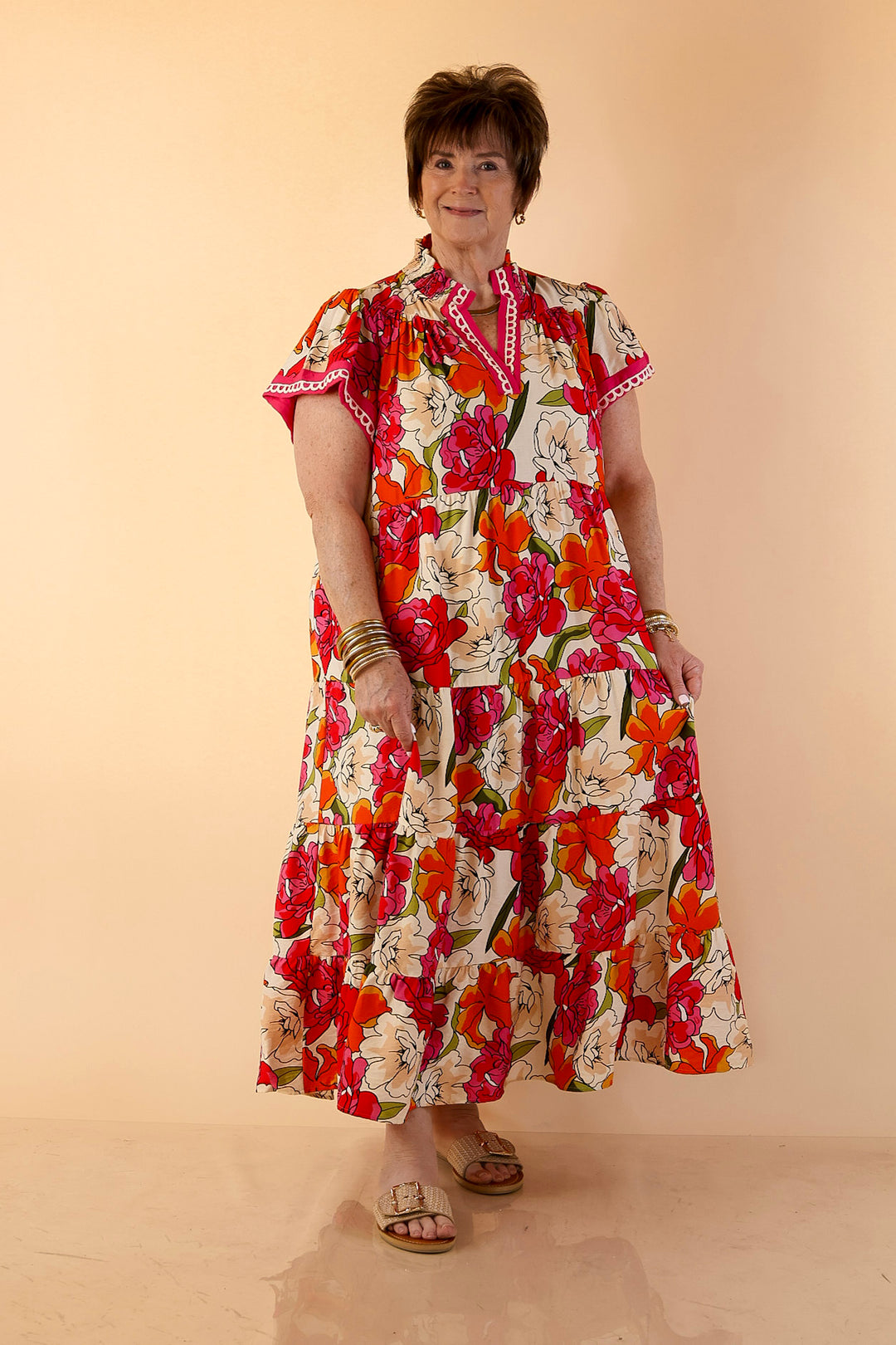 Spring Symphony Floral Print Tiered Midi Dress with Flutter Sleeves in Pink and Orange