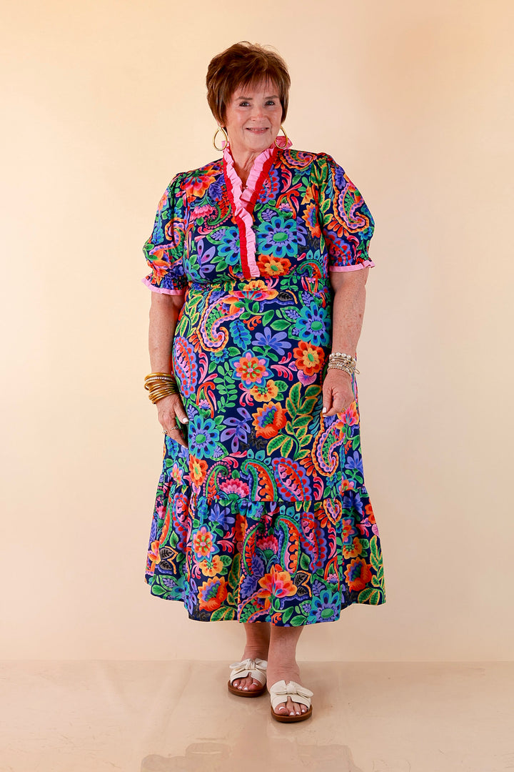 Gracefully Yours Floral and Paisley Print Midi Dress with Contrast Ruffle Trim in Navy Blue