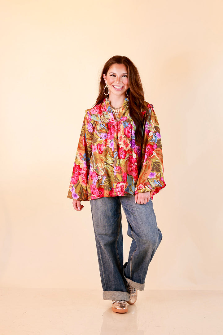 Garden Social Long Sleeve Ruffle Shoulder V-Neck Flowy Floral Print Blouse in Olive Green Multi