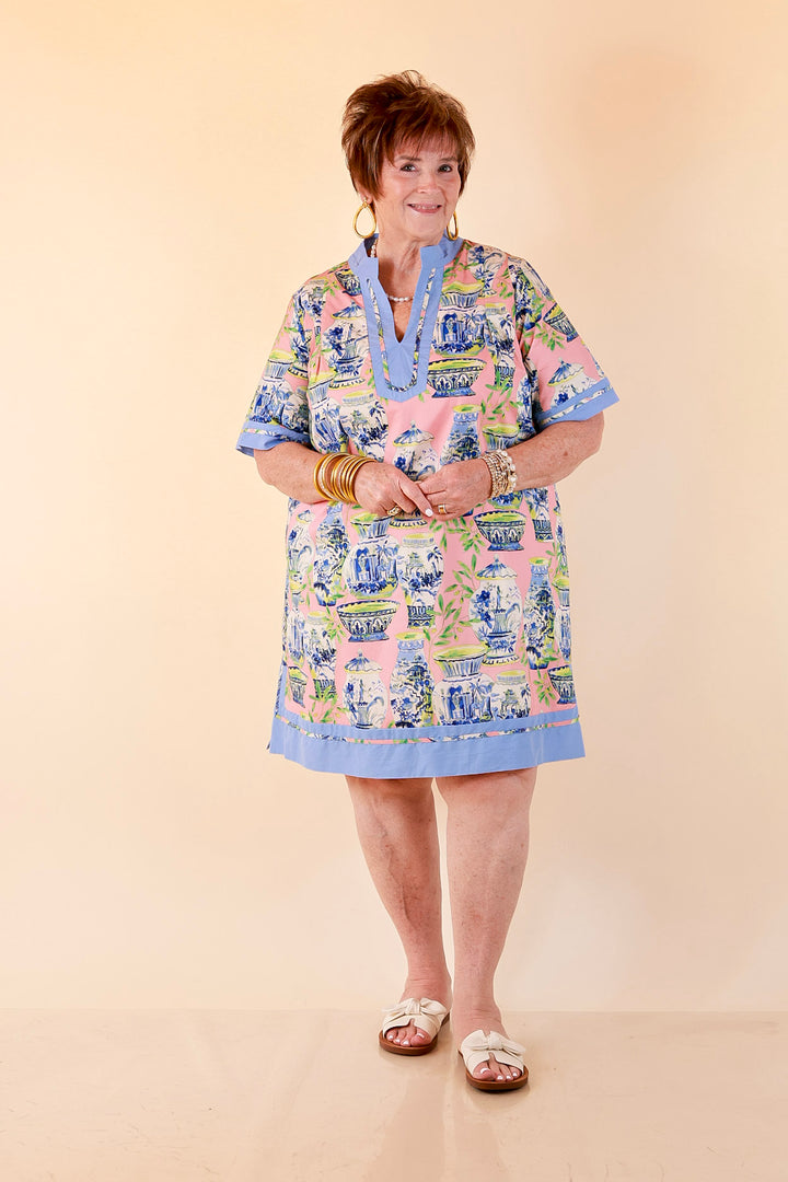 Postcards from Paradise Vase Print Contrast Trim Shift Dress in Coral Pink Multi
