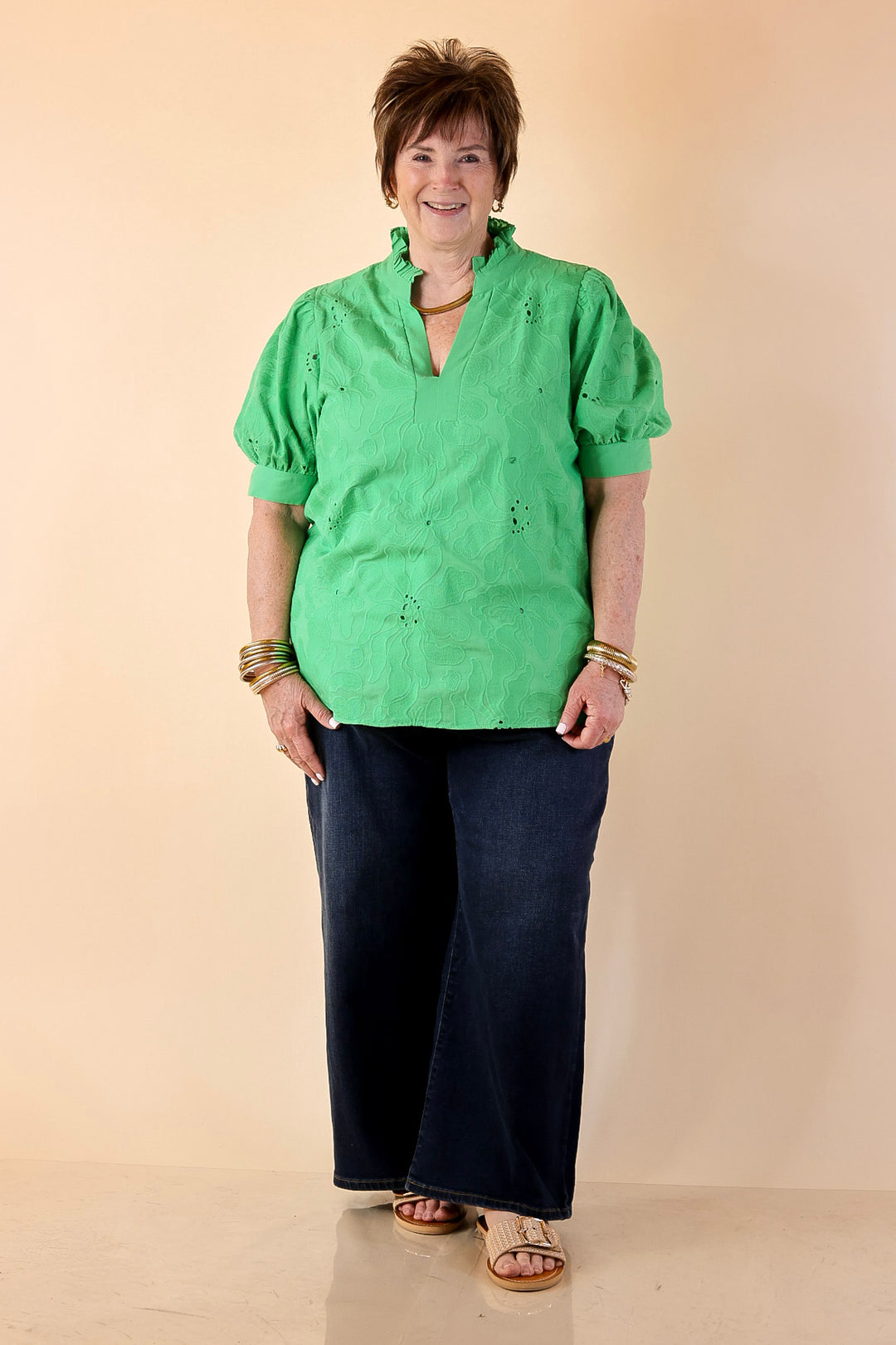 Graceful Impression Textured Floral Puff Sleeve Top with Split Neckline in Kelly Green