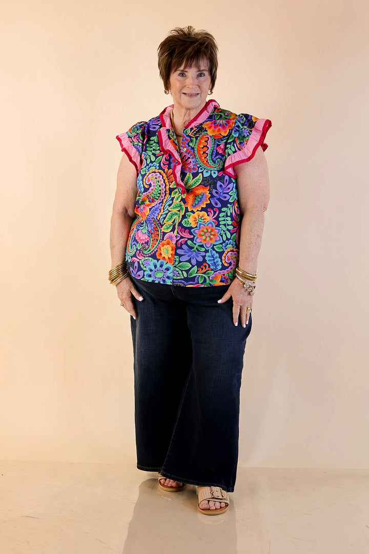 Flourish and Flow Paisley Floral Print Ruffle Flutter Sleeve Top with Split Neckline in Navy Blue