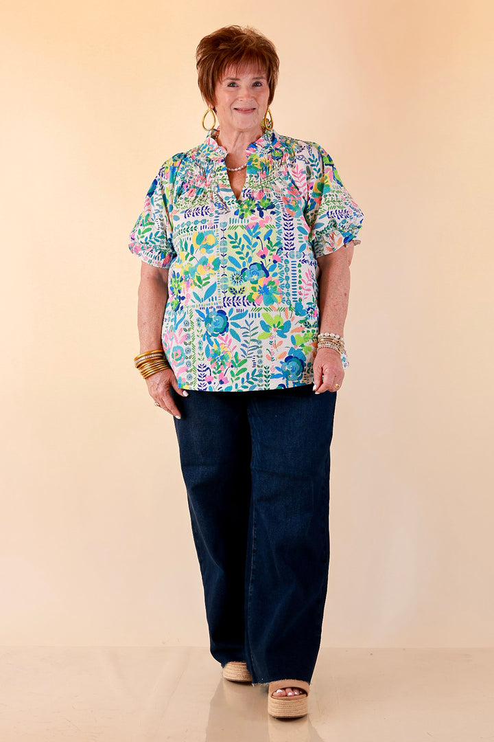 Living in Color Watercolor Floral Print Textured Top with Puff Sleeves in Ivory