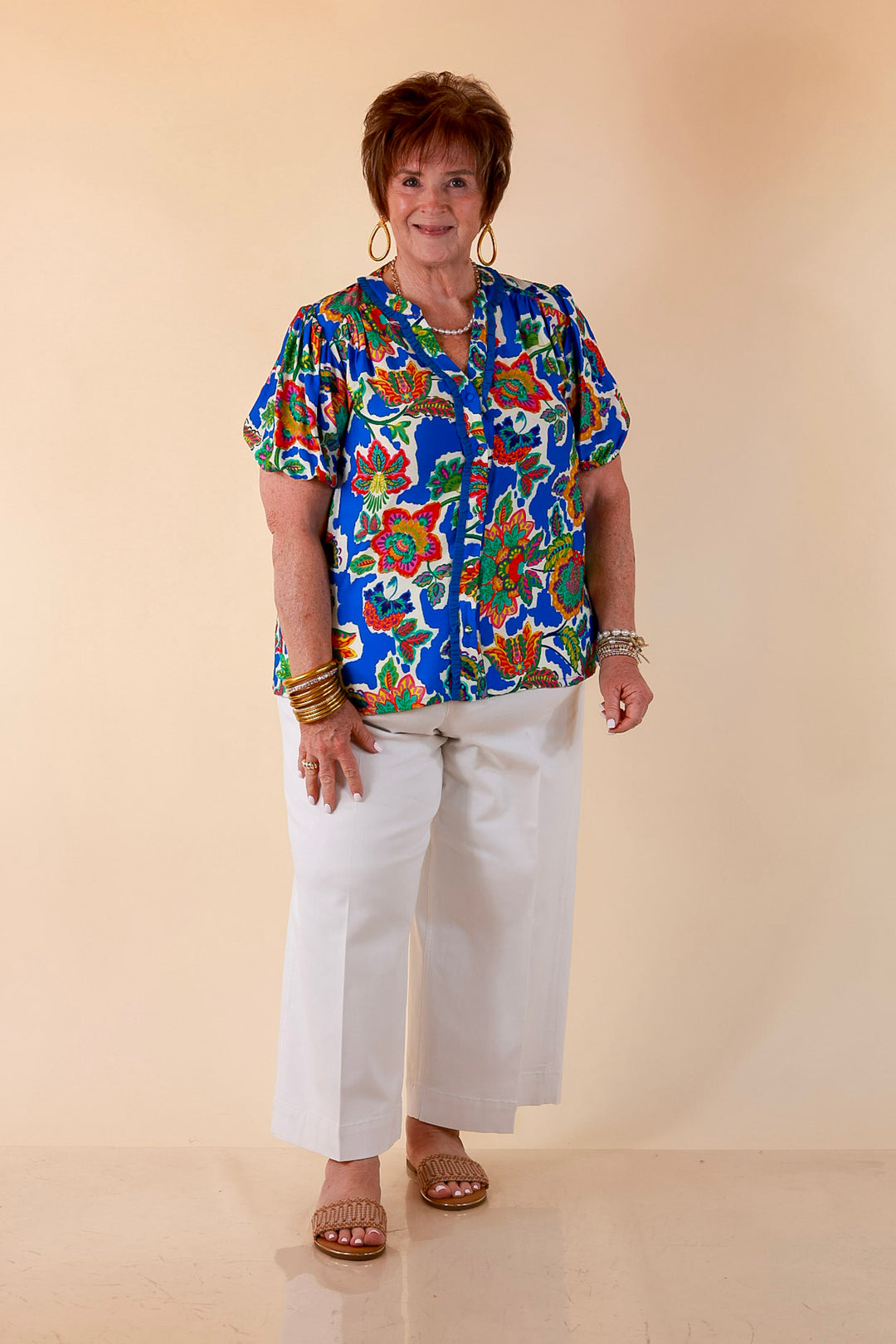 Petal Pop Floral Print Ruffle Front Button Up Top with Puff Sleeves in Royal Blue