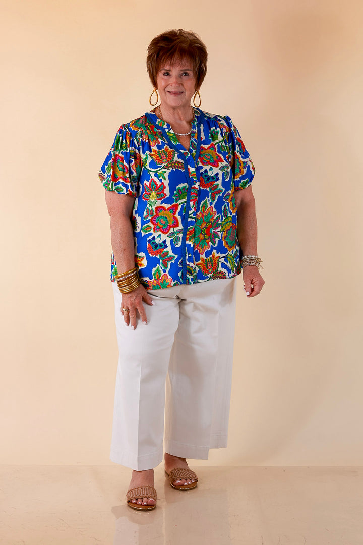 Petal Pop Floral Print Ruffle Front Button Up Top with Puff Sleeves in Royal Blue