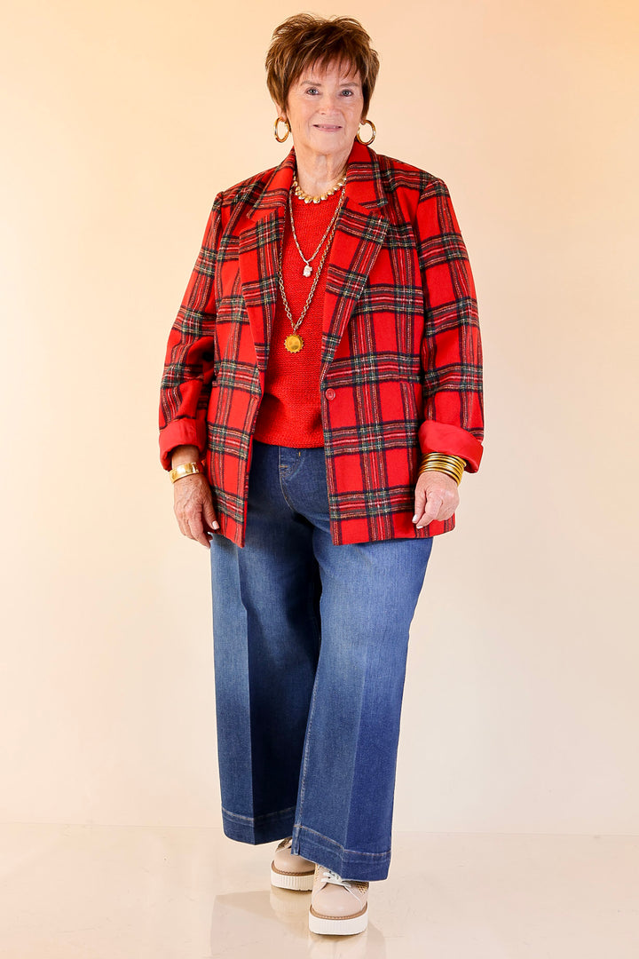 Season to Shine Long Sleeve Tartan Plaid Blazer in Red