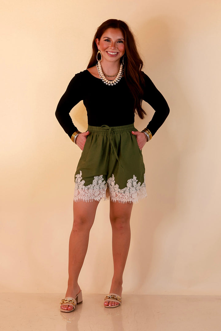 Pretty Little Something Solid Drawstring Shorts with Lace Trim in Olive Green
