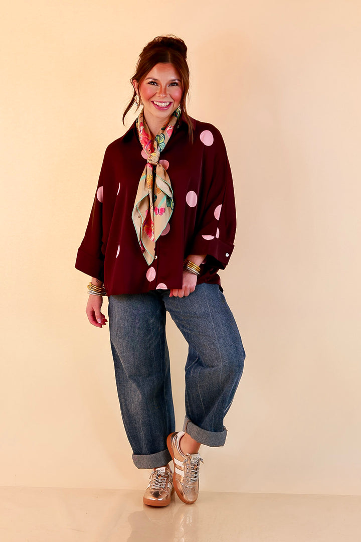 Two of a Kind Oversized Long Sleeve Button Down Blush Pink Polka Dot Blouse in Maroon