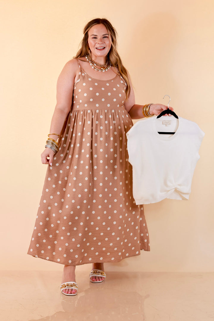 Two Ways to Charm Polka Dot Spaghetti Strap Dress Set with Detachable Ivory Top in Taupe