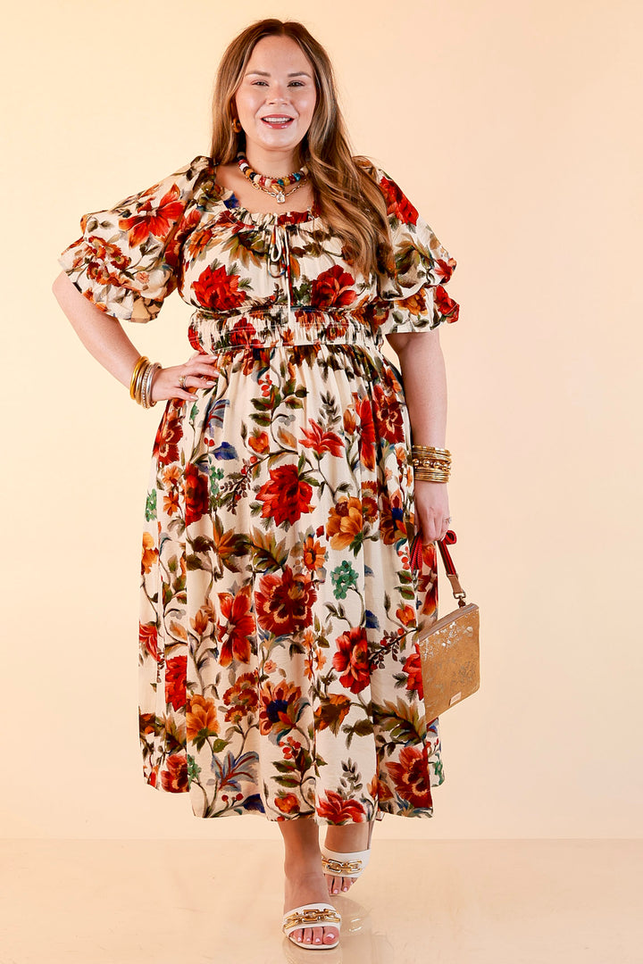 Autumn in the Air Puff Sleeve Smocked Waist Floral Print Tiered Midi Dress in Ivory Multi