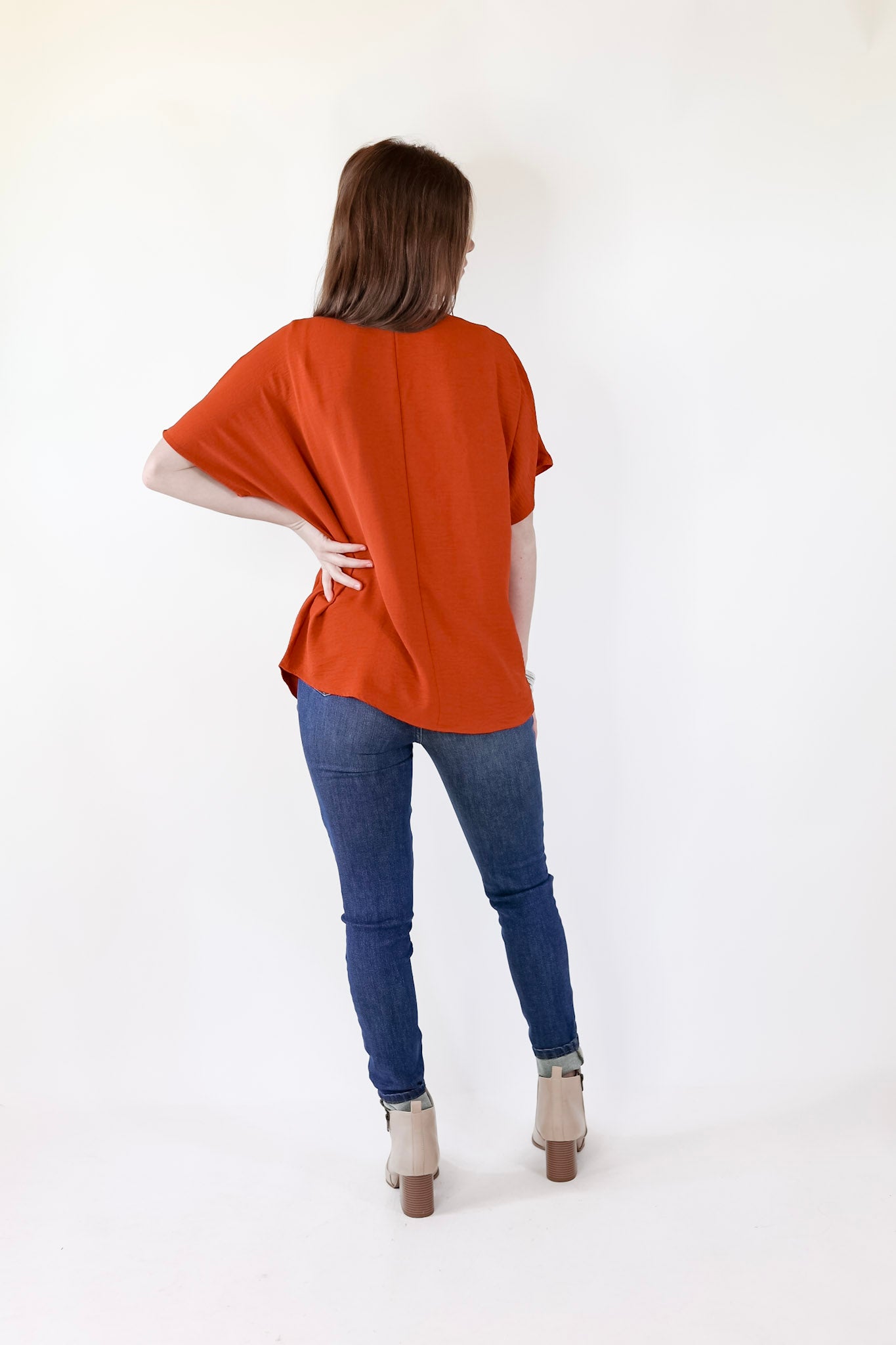 Lovely Dear V Neck Short Sleeve Solid Top in Rust Orange - Giddy Up Glamour Boutique