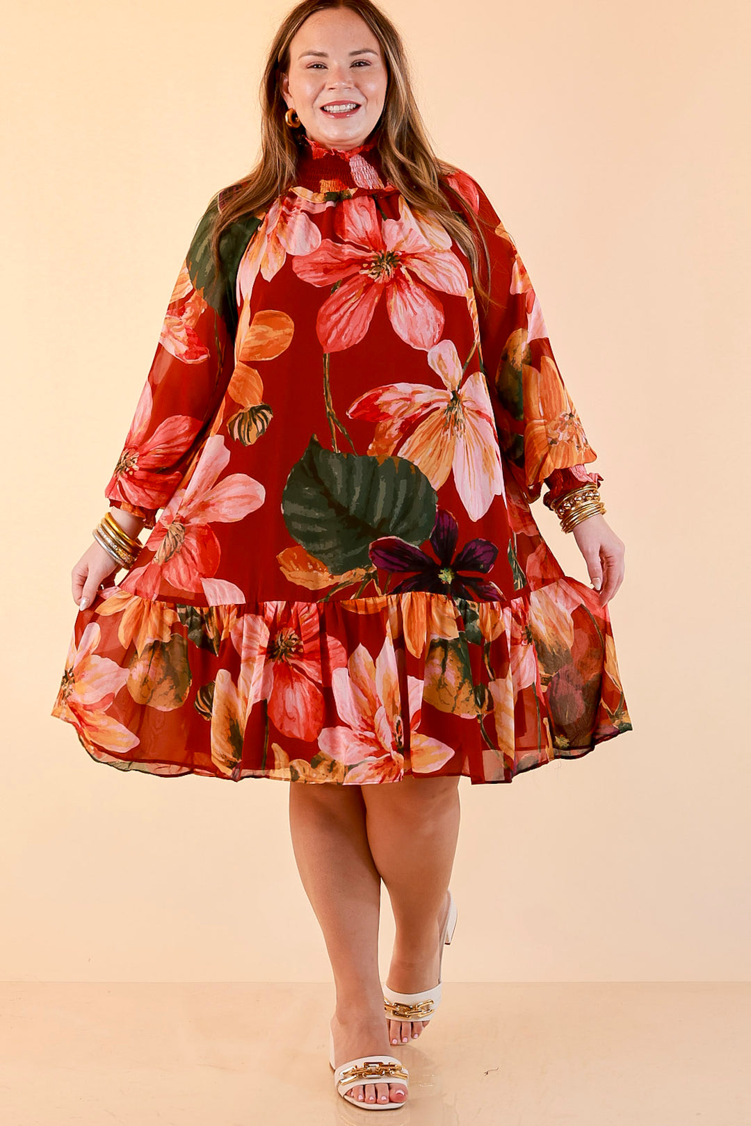 Autumn Romance Ruffle Neck Long Sleeve Floral Peplum Dress in Rust Red Multi