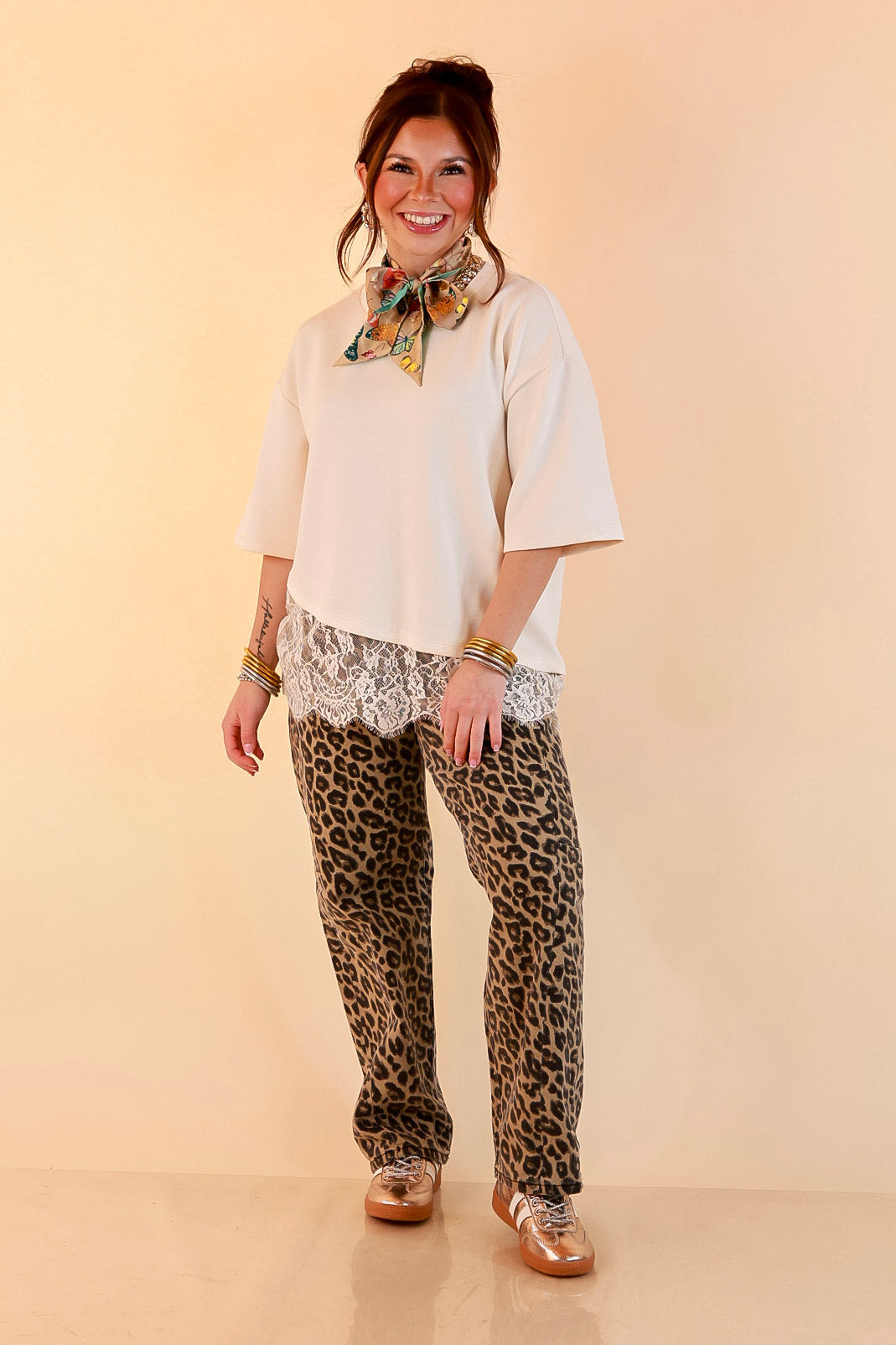 Laced with Charm Oversized Asymmetrical Lace Trim Boxy Top in Ivory