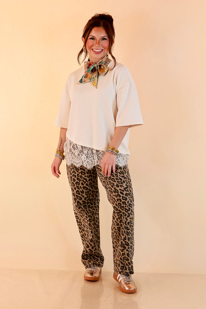 Laced with Charm Oversized Asymmetrical Lace Trim Boxy Top in Ivory