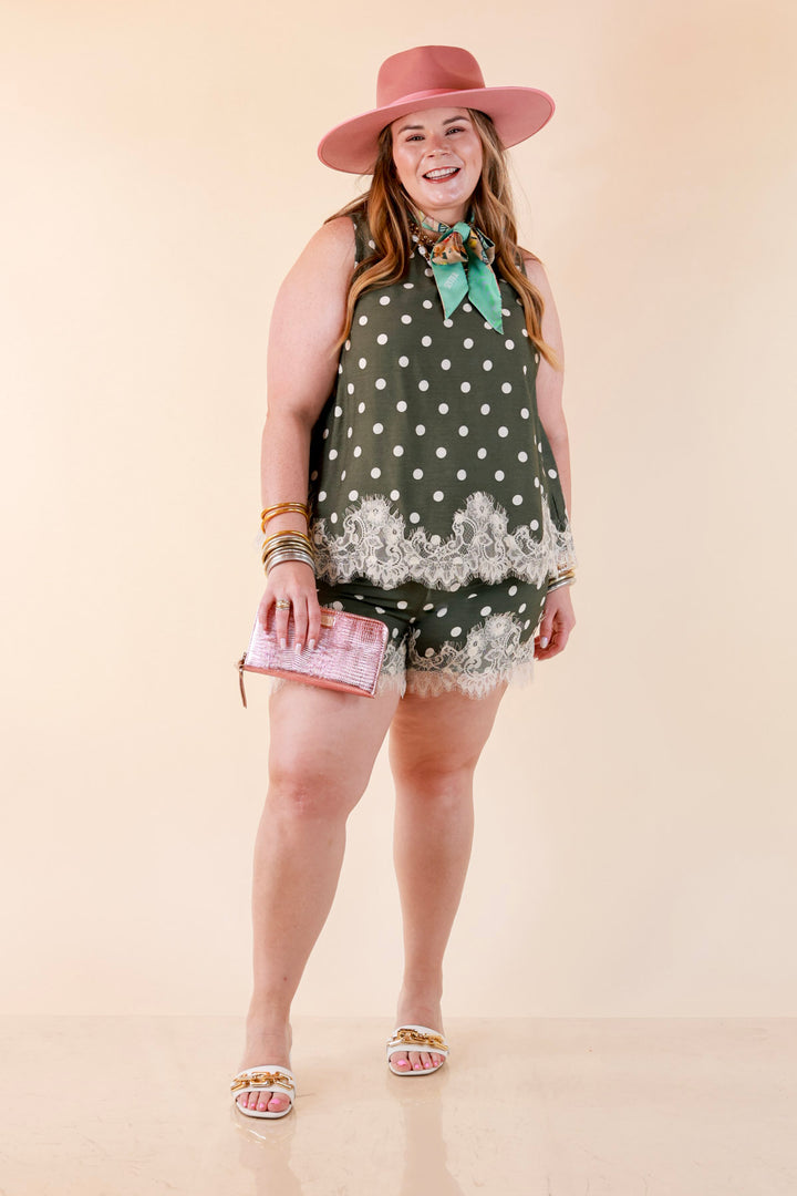 Pretty Little Something Polka Dot Drawstring Shorts with Lace Trim in Olive Green