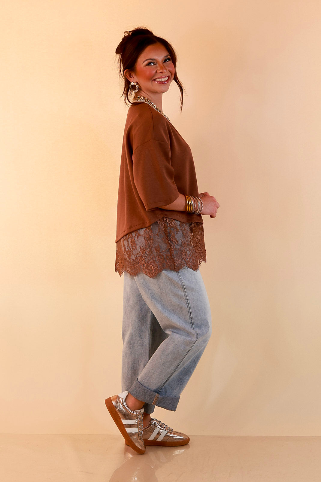 Laced with Charm Oversized Asymmetrical Lace Trim Boxy Top in Coco Brown