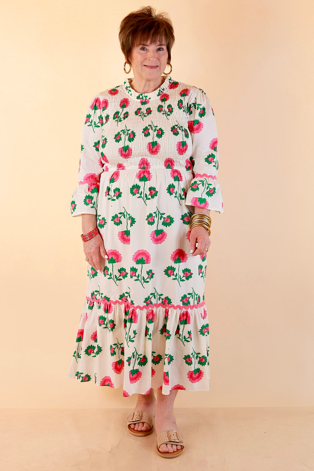 Mud Pie | Petal Parade Smocked Floral Print Tiered Midi Dress with Scallop Trim in Cream Multi